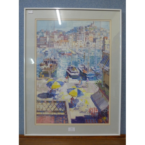 314 - Dexter Brown (British b.1942), harbour scene, gouache, framed