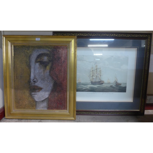 316 - An abstract half portrait, oil on board and a marine print of H.C.S. Macqueen, framed