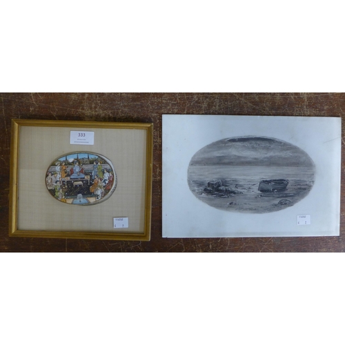 333 - A Mughal School gouache, ceremonial scene and a painting on opaque glass