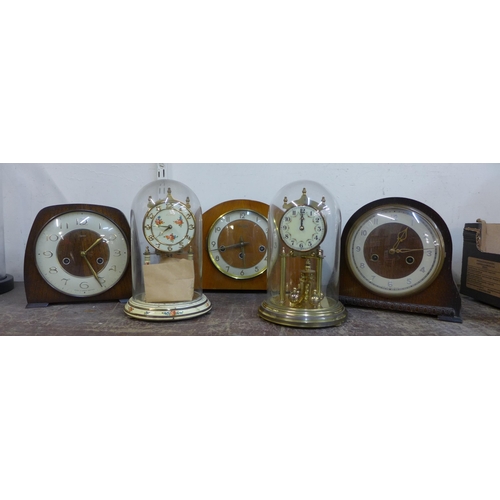 338 - Three Art Deco mantel clocks and two anniversary clocks