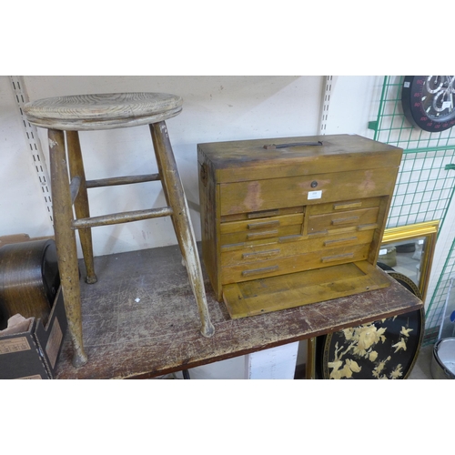 339 - A beech engineer's tool box and an elm stool