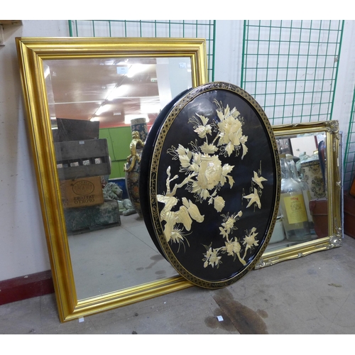 343 - Two gilt framed mirrors and a Chinese black chinoiserie oval wall plaque