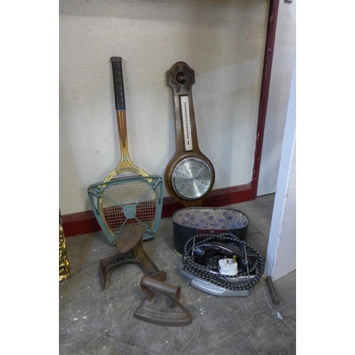 356 - An aneroid oak barometer, cobblers lasts, a Victorian iron, etc.