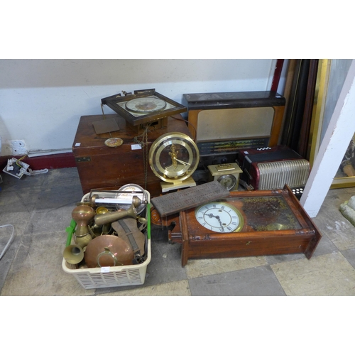 358 - A vintage Double Ray Hohner accordion, assorted clocks, valve radio, etc.