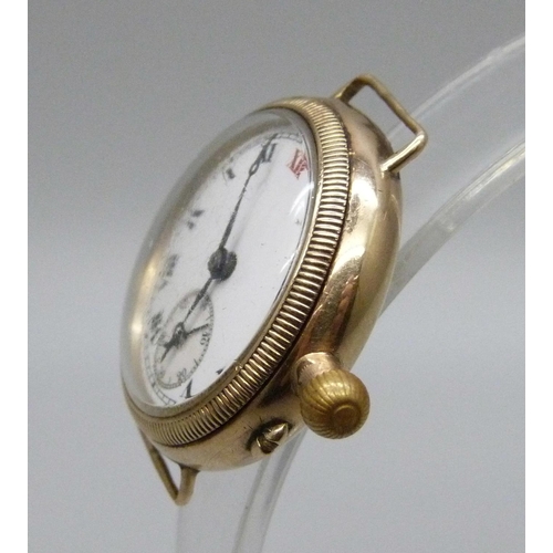 1019 - A 9ct gold WWI trench wristwatch with enamel dial, 28mm case