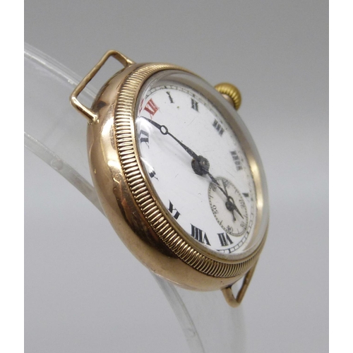 1019 - A 9ct gold WWI trench wristwatch with enamel dial, 28mm case