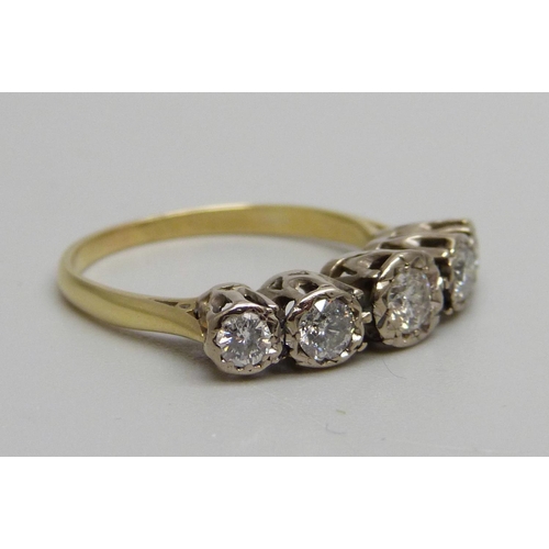 1055 - An 18ct gold, five stone diamond ring, 0.75ct diamond weight, 4g, R