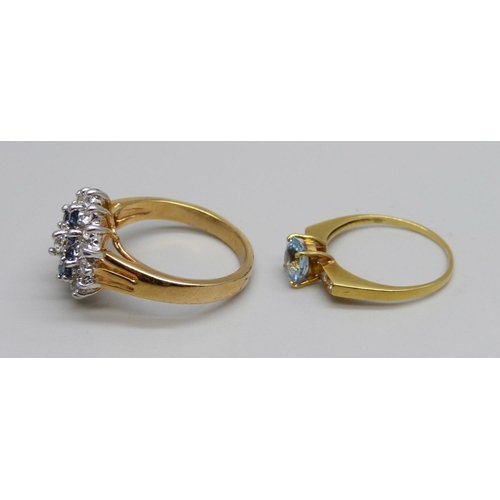 1109 - An 18ct gold, aquamarine and diamond ring, 1.7g, L, and a gilt paste set cluster dress ring, Q