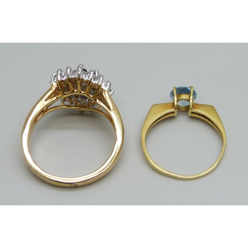 1109 - An 18ct gold, aquamarine and diamond ring, 1.7g, L, and a gilt paste set cluster dress ring, Q