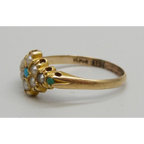 1136 - A Victorian 15ct gold, pearl and turquoise ring, Birmingham 1872, 1.6g, N