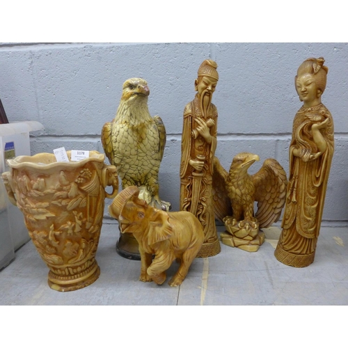 1178 - Two oriental resin figures and resin birds, elephant and vase **PLEASE NOTE THIS LOT IS NOT ELIGIBLE... 