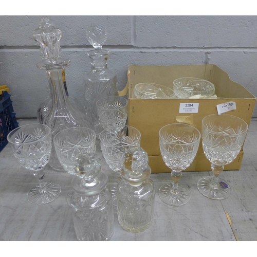 1184 - Three decanters, two smaller glass bottles with stoppers, a glass fruit set and six glass wines, (5+... 