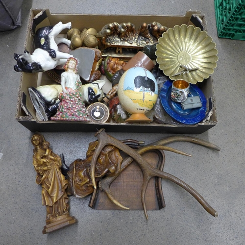 1202 - Assorted items:- figures, metalware, antlers and a hand painted ostrich egg, etc. **PLEASE NOTE THIS... 