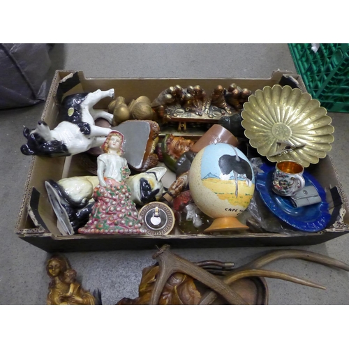 1202 - Assorted items:- figures, metalware, antlers and a hand painted ostrich egg, etc. **PLEASE NOTE THIS... 