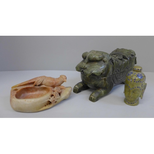 628 - A Chinese dogs of foo carved soapstone box, a carved soapstone bowl with pheasant and a carved soaps... 