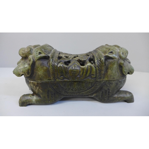 628 - A Chinese dogs of foo carved soapstone box, a carved soapstone bowl with pheasant and a carved soaps... 