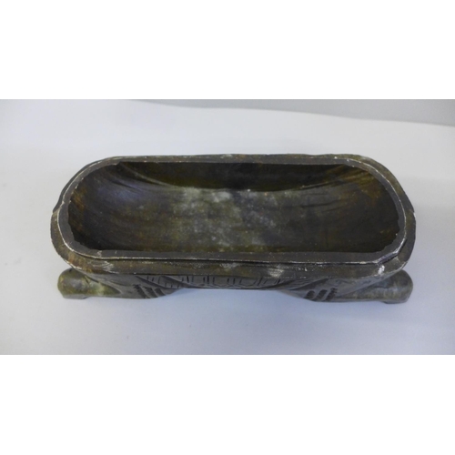 628 - A Chinese dogs of foo carved soapstone box, a carved soapstone bowl with pheasant and a carved soaps... 