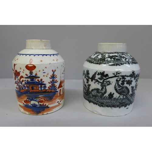 634 - Two 18th Century English decorated tea canisters, no tops, a/f, 10.5cm