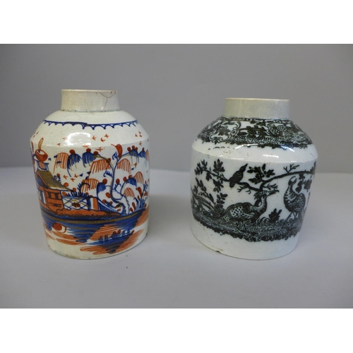 634 - Two 18th Century English decorated tea canisters, no tops, a/f, 10.5cm