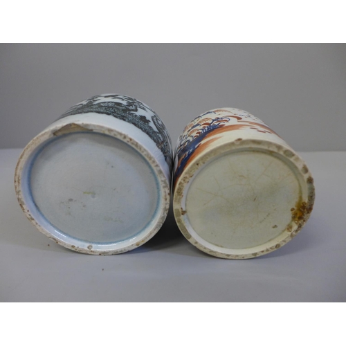 634 - Two 18th Century English decorated tea canisters, no tops, a/f, 10.5cm