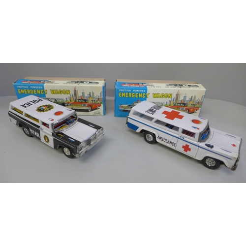 658 - Two Shudo Japanese friction powered Emergency Wagon tin plate vehicles, Police and Ambulance, boxed