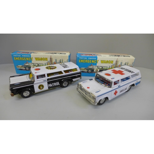 658 - Two Shudo Japanese friction powered Emergency Wagon tin plate vehicles, Police and Ambulance, boxed