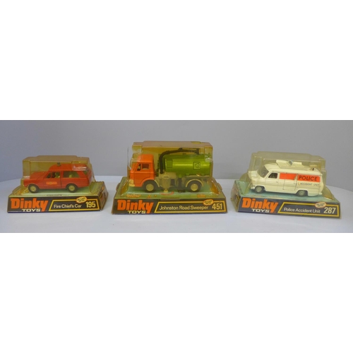 663 - Three Dinky Toys model vehicles comprising Police Accident Unit 287, Fire Chief's Car 195 and Johnst... 