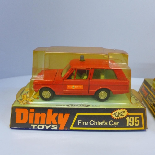 663 - Three Dinky Toys model vehicles comprising Police Accident Unit 287, Fire Chief's Car 195 and Johnst... 