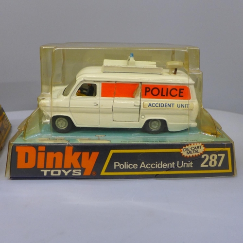 663 - Three Dinky Toys model vehicles comprising Police Accident Unit 287, Fire Chief's Car 195 and Johnst... 