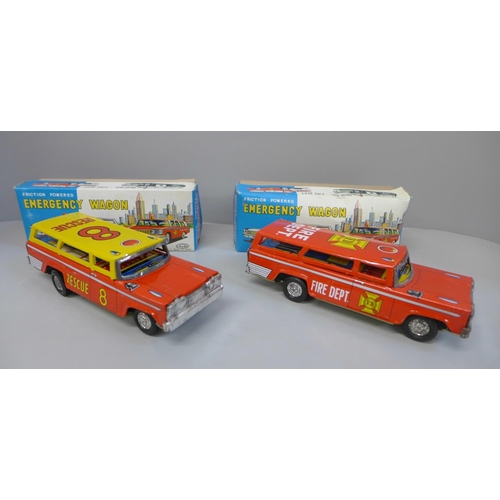 664 - Two Shudo Japanese friction powered Emergency Wagon tin plate vehicles, Fire Department and Rescue