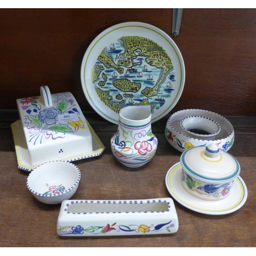 681 - Seven items of Poole pottery including a cheese dish