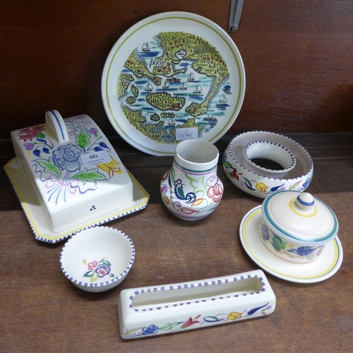 681 - Seven items of Poole pottery including a cheese dish