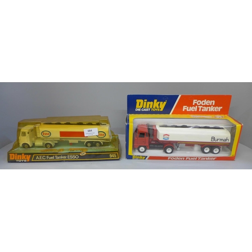 684 - Two Dinky Toys model vehicles; Esso fuel tanker and Foden fuel tanker, boxed