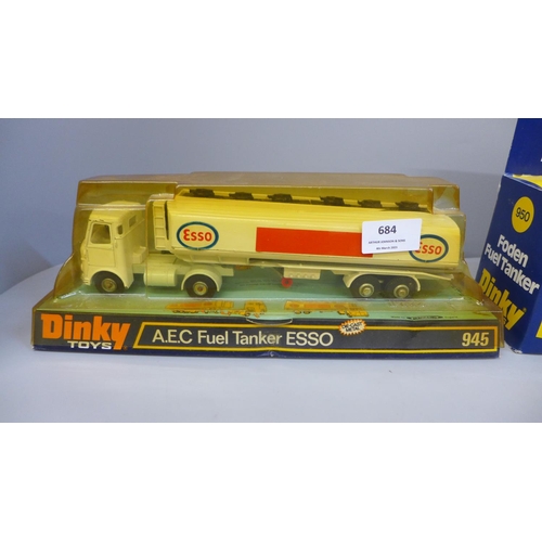 684 - Two Dinky Toys model vehicles; Esso fuel tanker and Foden fuel tanker, boxed