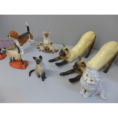 698 - A collection of cat figures and a Beswick dog