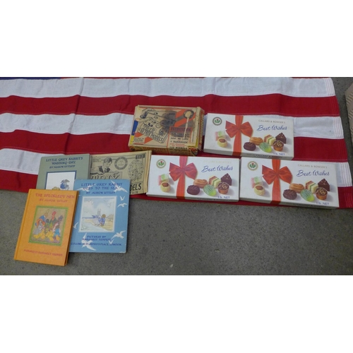 752 - A US flag, glass bottles, boxes, books, etc.