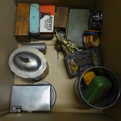 785 - A collection of tins, two wooden boxes, etc.