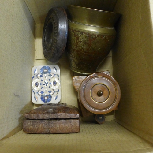 788 - A collection of Indian items including two spice boxes, a painted tray, a carved photograph frame, a... 