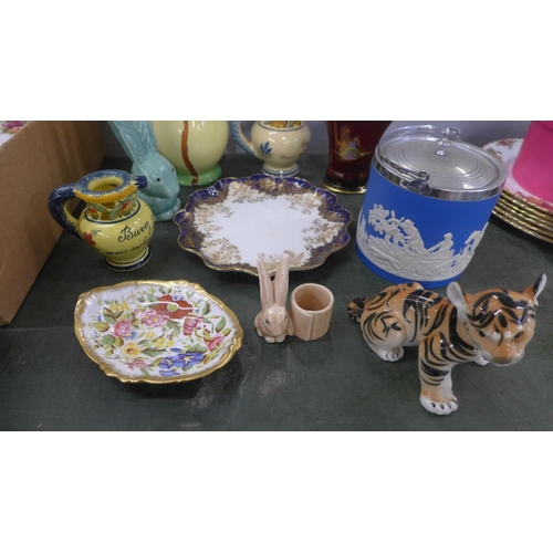 804 - Assorted china; a Sylvac long eared rabbit, a USSR model of a tiger cub, two Quimper jugs, a Crown D... 