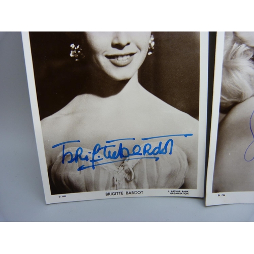 868 - Autographed postcards; Tony Curtis, Janet Leigh, Brigitte Bardot and Diana Dors