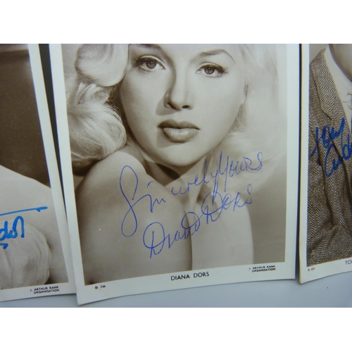 868 - Autographed postcards; Tony Curtis, Janet Leigh, Brigitte Bardot and Diana Dors