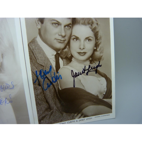 868 - Autographed postcards; Tony Curtis, Janet Leigh, Brigitte Bardot and Diana Dors