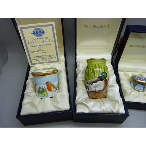 889 - Four Moorcroft enamel lidded pots, including 'The Last Snow of Winter', 3/50