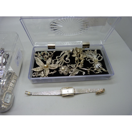 944 - Marcasite brooches and paste set cocktail watches