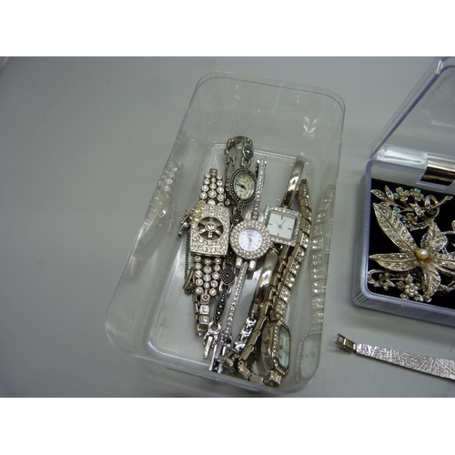 944 - Marcasite brooches and paste set cocktail watches