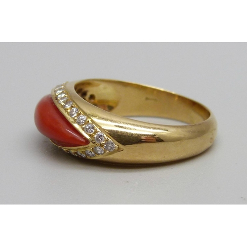 973 - An 18ct gold, coral and diamond ring, 7.3g, R