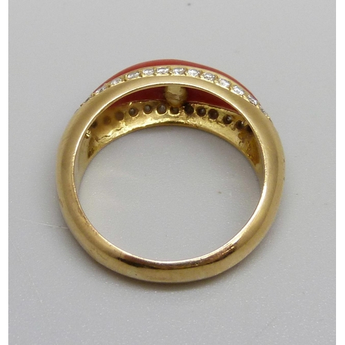 973 - An 18ct gold, coral and diamond ring, 7.3g, R