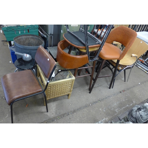 2483 - Job lot of six mixed stools and chairs plus a small wicker and glass coffee table