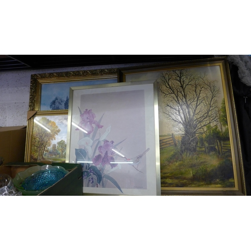 2244 - Quantity of framed pictures including an oil painting, some coloured glass and a pair of ceramic bed... 