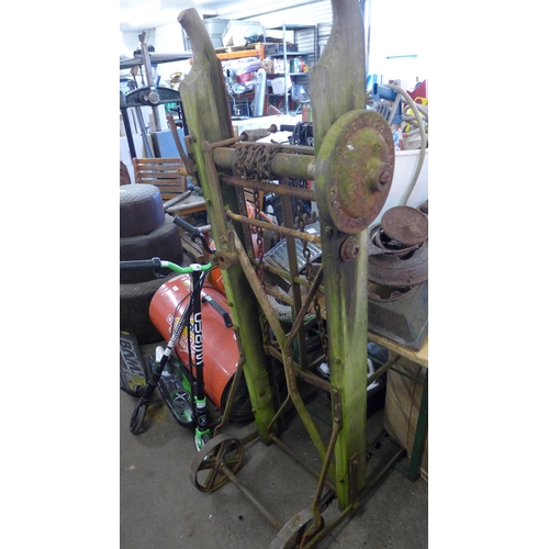 2456 - Vintage wood and metal lifting sack trolley